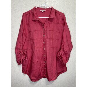 JOHN MARK 100% Linen Button Front Wired Collar Ruched Sleeve Casual Textured M